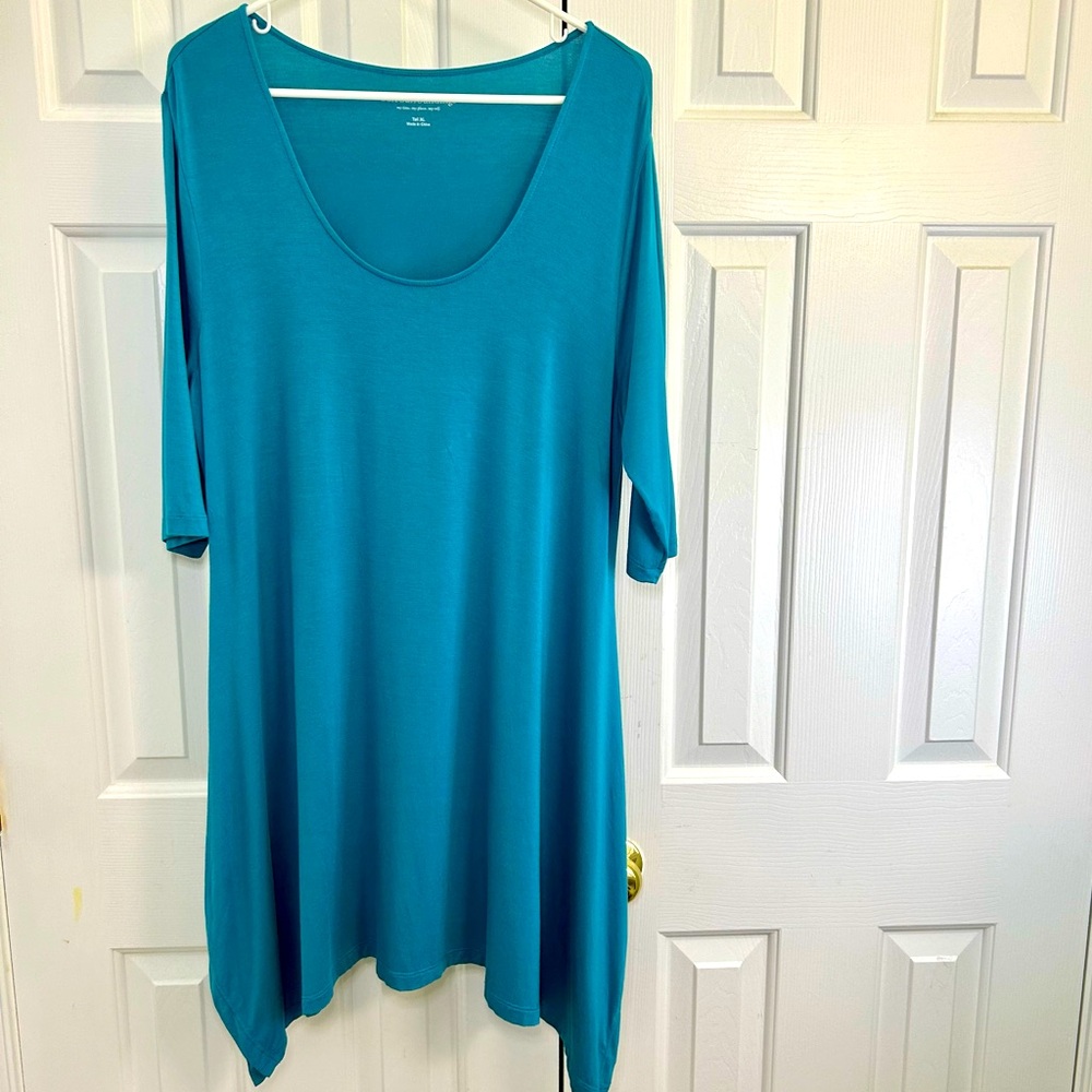 Soft Surroundings Teal Blue 3/4 Sleeve Scoop Neck Midi Flowy Dress Size XL Tall